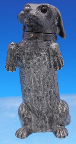Pepper Shaker in the form of a dog with brown glass eyes, pin for lid is replacement, worn plating, Victorian 2 3/4